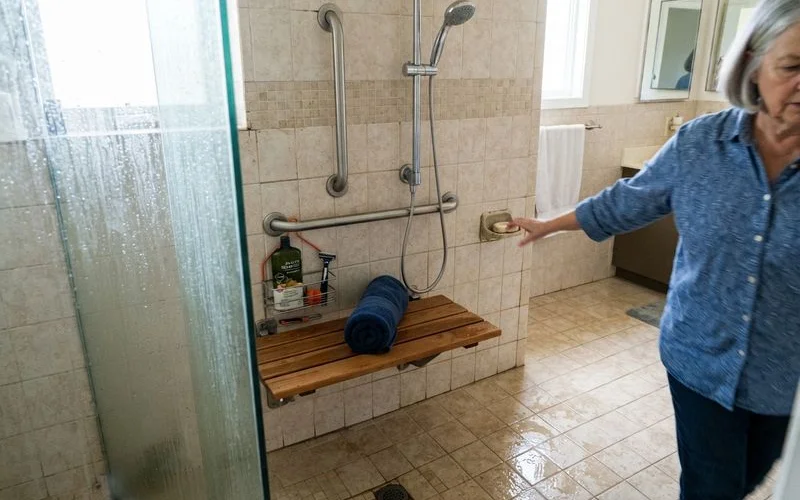 A newly renovated accessible bathroom with a curbless walk-in shower, grab bars, and a comfort-height toilet