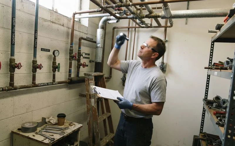 A commercial plumber inspecting pipe fittings and valves in a building's mechanical room