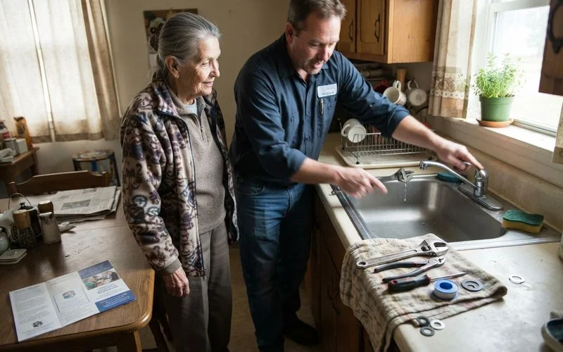 A community volunteer helping an elderly homeowner with a basic plumbing repair as part of a local assistance program
