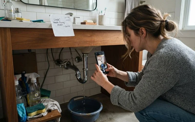 A renter photographing a leaking pipe under a kitchen sink to document the issue for their landlord