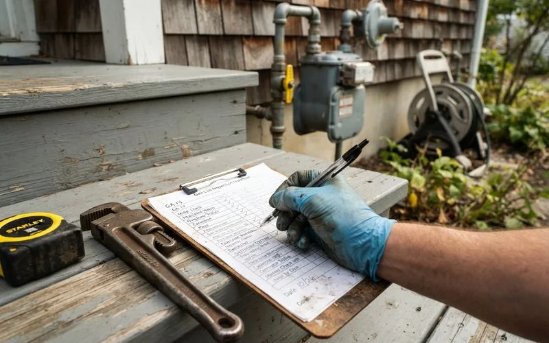 A gas line inspector reviewing a newly installed residential gas pipe connection with a checklist