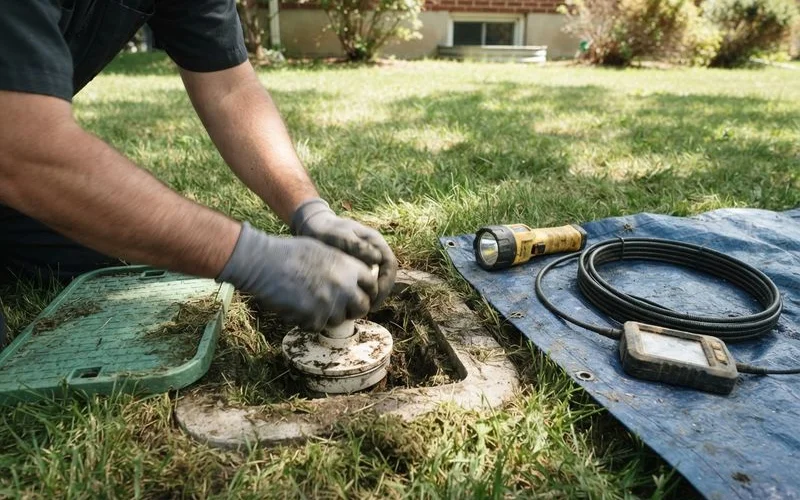 A plumber inspecting a sewer cleanout access point outside a home to diagnose a sewage backup