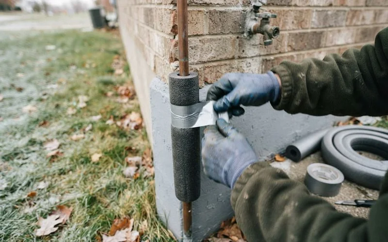 Foam pipe insulation being installed around an exposed water pipe in an unheated crawlspace