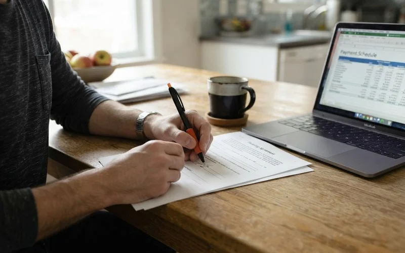 A homeowner and a plumber reviewing a financing agreement document together at a kitchen table
