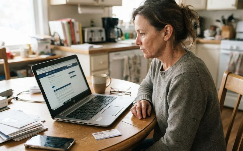 A homeowner checking a plumbing contractor's license number on a laptop before hiring